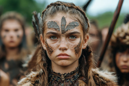 Tribal warrior with face paint and fur clothingの素材