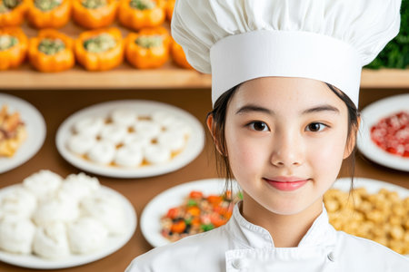 smiling asian chef in white uniform and hatの素材