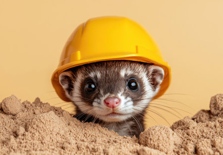 Cute ferret wearing a hard hatの素材