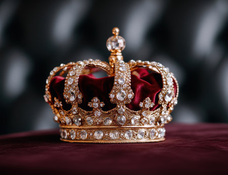 Ornate golden crown with red velvet and sparkling jewelsの素材