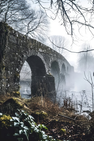 Mysterious stone bridge in foggy forest landscapeの素材