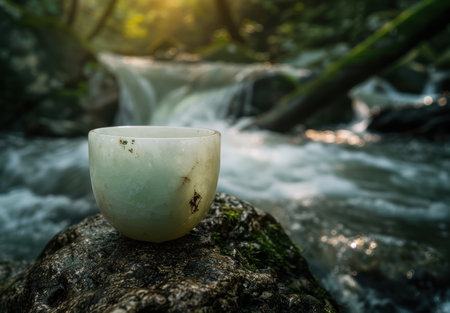 Peaceful moment by a serene waterfallの素材