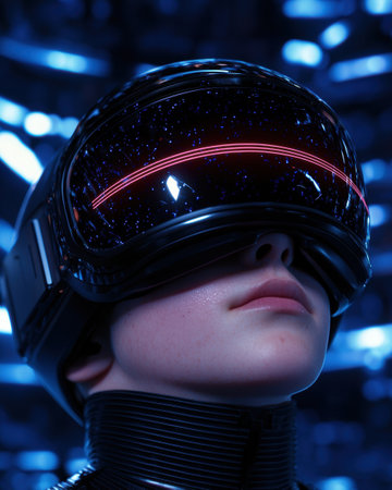 person wearing virtual reality headset in dark environmentの素材