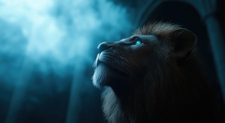 Majestic lion in the misty forestの素材