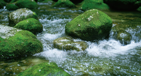 Flowing stream with moss-covered rocksの素材