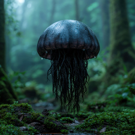 Mysterious Jellyfish-like Creature in Lush Forestの素材