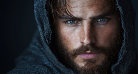 Intense gaze of a rugged man with a beardの素材