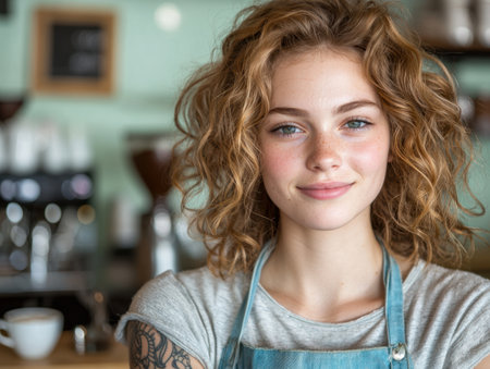 young woman with curly hair smiling in a cafeの素材