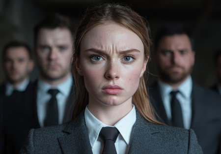 Serious businesswoman with concerned expression surrounded by colleaguesの素材