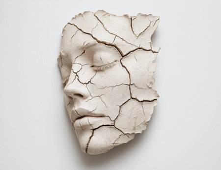 cracked and weathered stone face sculptureの素材