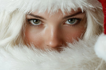 close-up of a person's face with white fur-trimmed hoodの素材