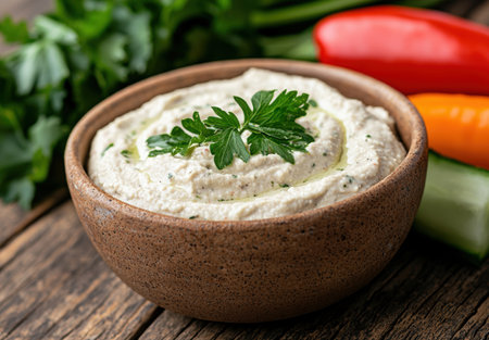 creamy hummus dip in wooden bowl with fresh vegetablesの素材
