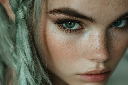 close-up portrait of a woman with vibrant green hair and striking green eyesの素材