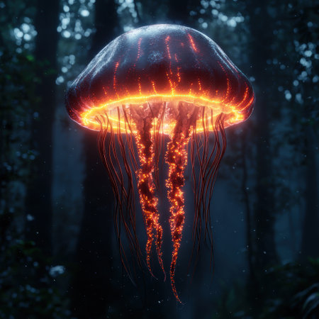 Glowing Jellyfish in Dark Oceanの素材