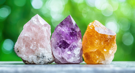 Colorful natural crystals on a green backgroundの素材