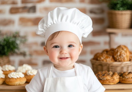Smiling baby chef in kitchenの素材