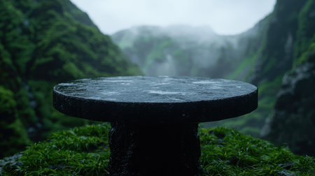 Misty mountain waterfall with stone pedestalの素材