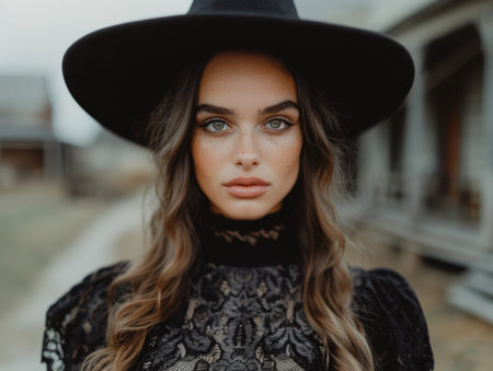 Mysterious woman in black hat and dressの素材