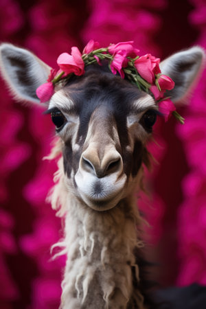 Adorable llama with pink flower crownの素材