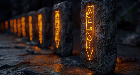 Mysterious glowing runes on ancient stone tabletsの素材