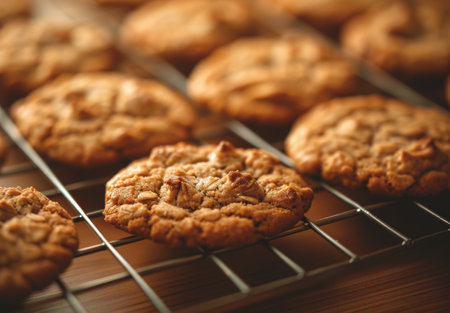 Freshly baked oatmeal cookies on a cooling rackの素材