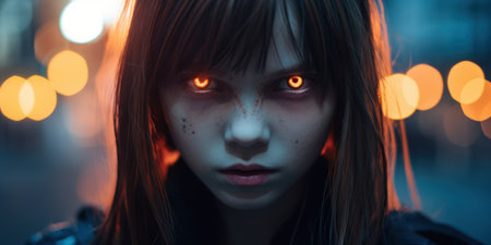 Haunting supernatural portrait of a young girl with glowing red eyesの素材
