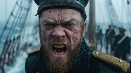 Angry bearded man shouting in the snowの素材