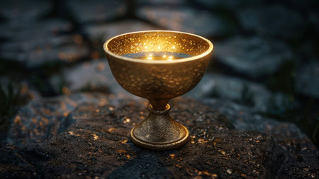 Glowing golden chalice on dark backgroundの素材
