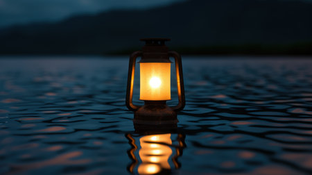 Glowing lantern on a serene lake at nightの素材
