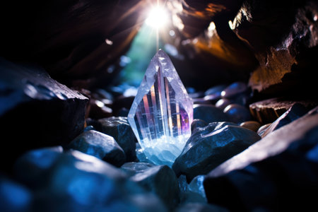 Glowing crystal formation in dark caveの素材