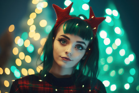 woman with green hair and red bow in front of colorful lightsの素材