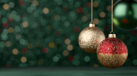 Festive christmas ornaments hanging on a blurred green backgroundの素材