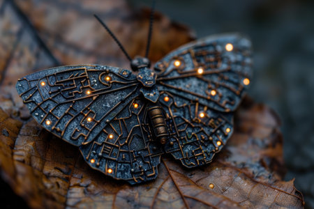 Intricate mechanical butterfly on autumn leavesの素材