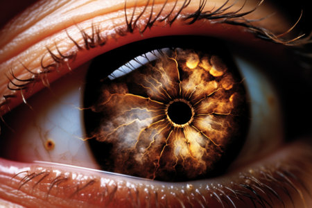 Dramatic close-up of a human eye with fiery irisの素材