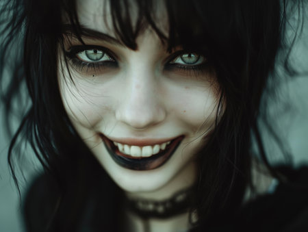 Captivating young woman with striking green eyesの素材