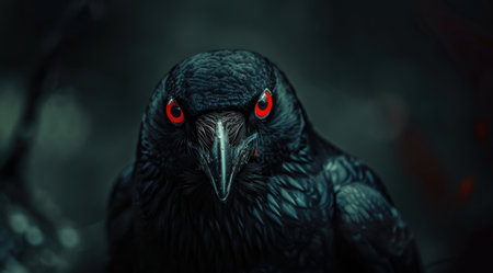 Intense stare of a dark feathered birdの素材