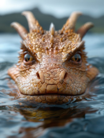 close-up of a scaly reptile's face in waterの素材