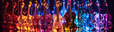 colorful violins and musical instruments on stageの素材