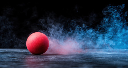 Dramatic smoke and red ball on dark backgroundの素材