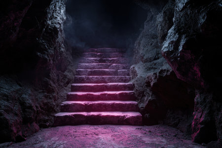 Mysterious glowing stairs in dark caveの素材