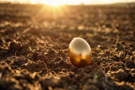 golden egg in the soil at sunsetの素材