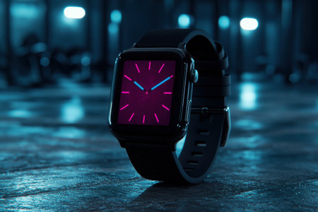 Futuristic smartwatch with glowing display in dark urban settingの素材