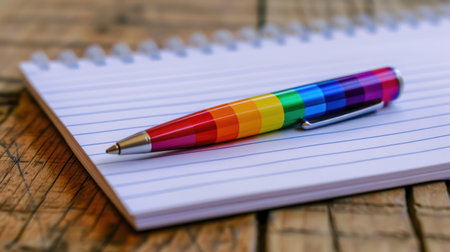 Colorful pen and notebook on wooden tableの素材