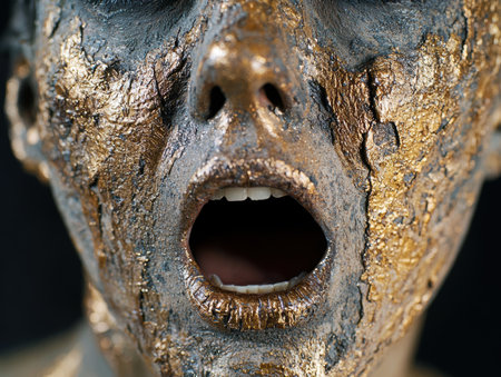 Closeup of a weathered wooden mask with a gaping mouthの素材
