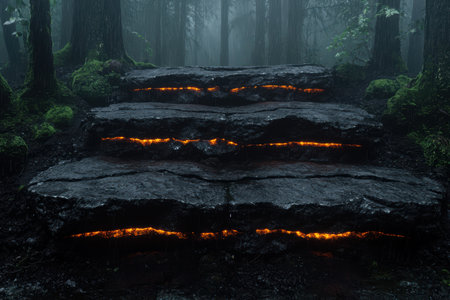 Glowing lava flowing through a dark, misty forestの素材