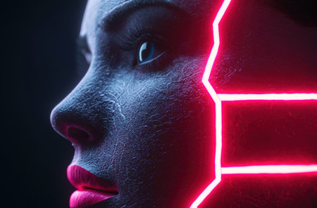 close-up of a futuristic face with glowing red linesの素材