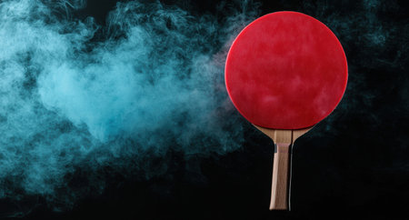 red table tennis paddle with smoke backgroundの素材