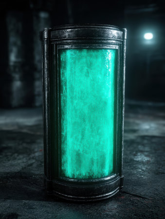Glowing green glass cylinder in dark environmentの素材
