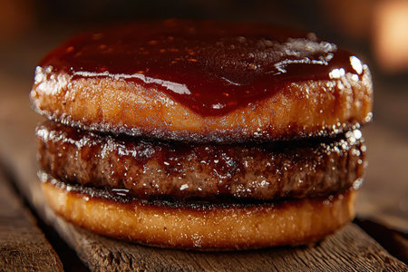 Delicious glazed donut on wooden surfaceの素材