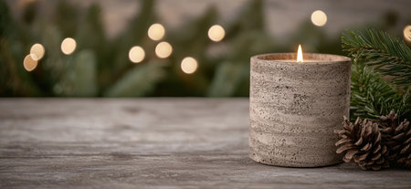 cozy winter scene with lit candle and pine coneの素材